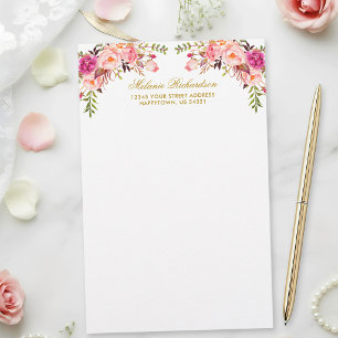 Papelaria Aquarela Rosa Bege Floral Dourado Personalizado 