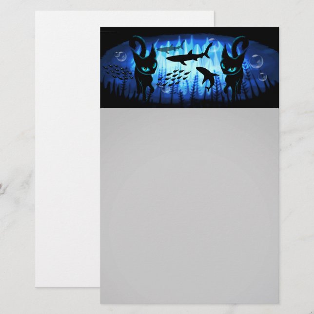 Papelaria Aquático - Gato Surreal na Fantasia do Oceano Prof (Frente/Verso)