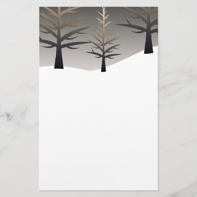 Papelaria Árvore Elegante Silhuettes na Paisagem de Neve (Frente)