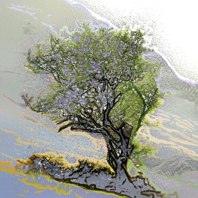 PAPELARIA ÁRVORES (A beautiful digital oil of a lone mountain tree. )