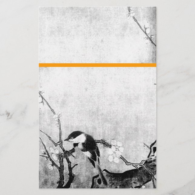 Papelaria ÁSSARO-primavera E ÁRVORE-FLOR, Laranja-Branco-Pre (Frente)