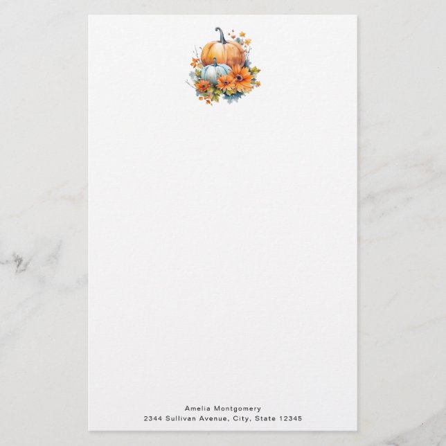 Papelaria Autumn Pumpkins com Flores e Folhagem (Frente)