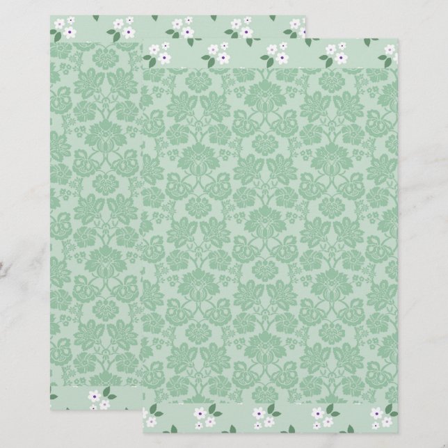 Papelaria Azul branco verde Damasco simples moderno (Frente/Verso)
