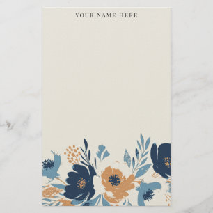 Papelaria Azul Desbotado e Floral Laranja em Aquarela com No