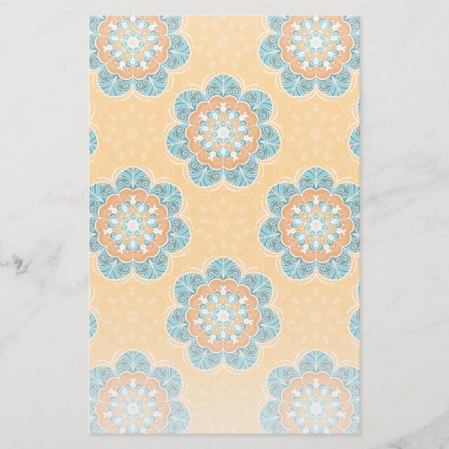 Papelaria Azulejo Floral Mandala em Laranja e Teal (Frente)
