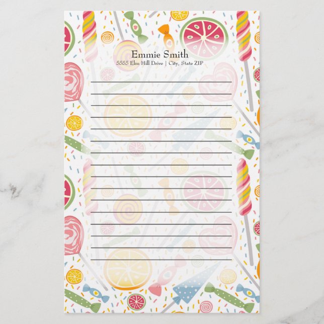 Papelaria Balas Cor-de-Rosa Amarelo Verde Personalizadas em  (Frente)