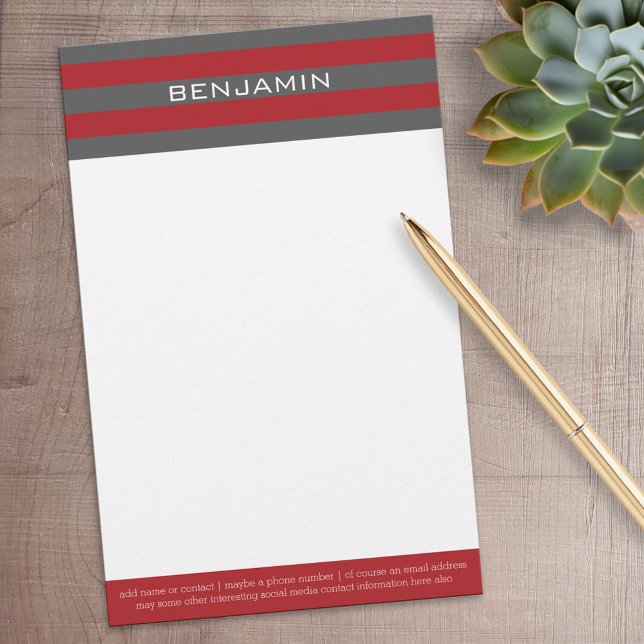 Papelaria Bandas de Rugby Vermelhas e Cinzas com Nome Person (Personalized Stationery)