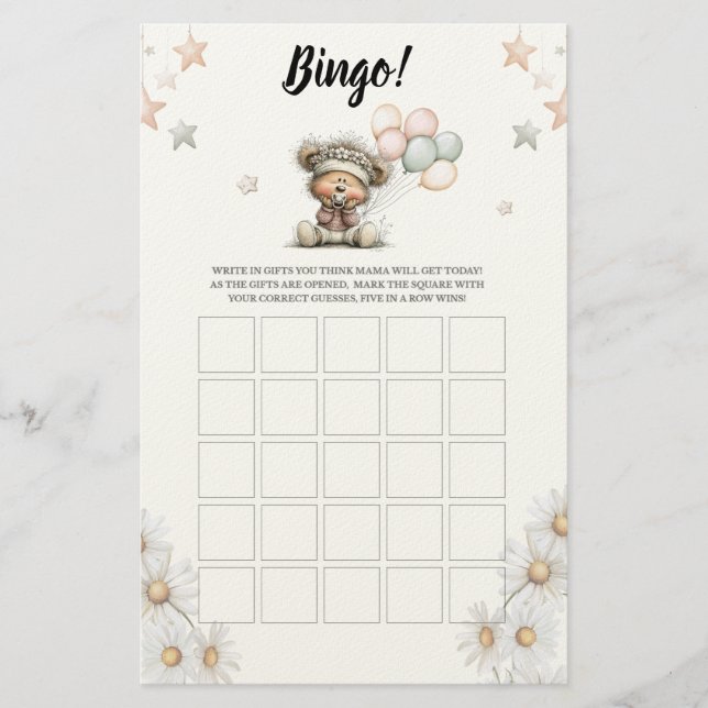 Papelaria Bingo Whimsical Teddy Bear Baby Shower Game (Frente)