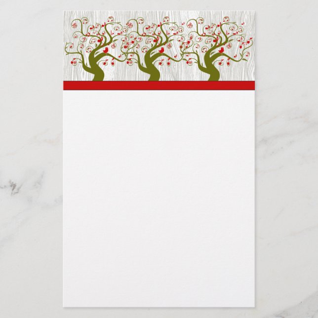 Papelaria Bird Swirl Tree Musical Red Green Stationery (Frente)
