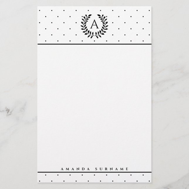 Papelaria Black And White Laurel Monogram Polka Dot Pattern (Frente)