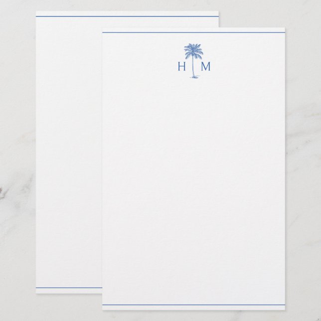 Papelaria Blue and White Palm Palmetto Tree Monogram (Frente/Verso)