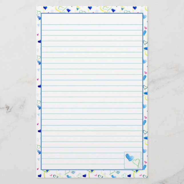 Papelaria Blue Hearts Watercolor - Papel de carta com Links (Frente)