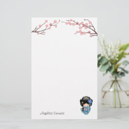 Papelaria Boneca Keiko Kokeshi - Rapariga Kimono Geisha Azul