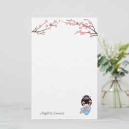 Papelaria Boneca Maiko Kokeshi - Rapariga Kimono Geisha Azul