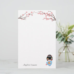 Papelaria Boneca Maiko Kokeshi - Rapariga Kimono Geisha Azul
