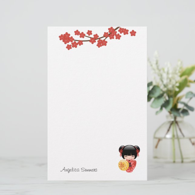 Papelaria Boneca Red Sakura Kokeshi - Garota Geisha Japonesa (Em pé/Frente)