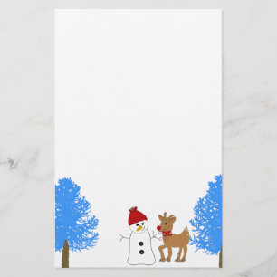 Papelaria Boneco de Neve e Rena com Árvores Congeladas