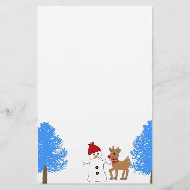 Papelaria Boneco de Neve e Rena com Árvores Congeladas (Frente)