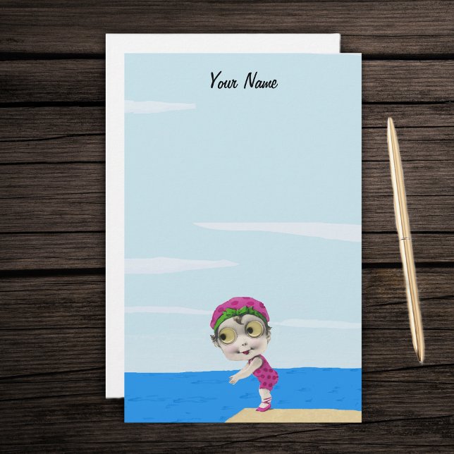 Papelaria Bonita Bolinhas Rosa Nadadora Rapariga (Cute google eyes little girl swimmer in pink polka dot bathing suit at lake on stationery paper.)