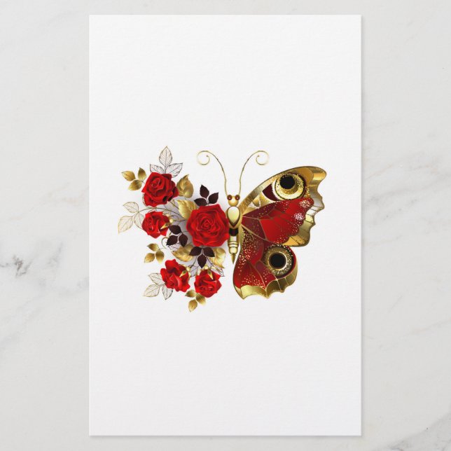 Papelaria Borboleta de flor vermelha com rosas vermelhas (Frente)