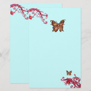 Papelaria BORBOLETA DOURADA E FRUTAS VERMELHAS Floral Azul T