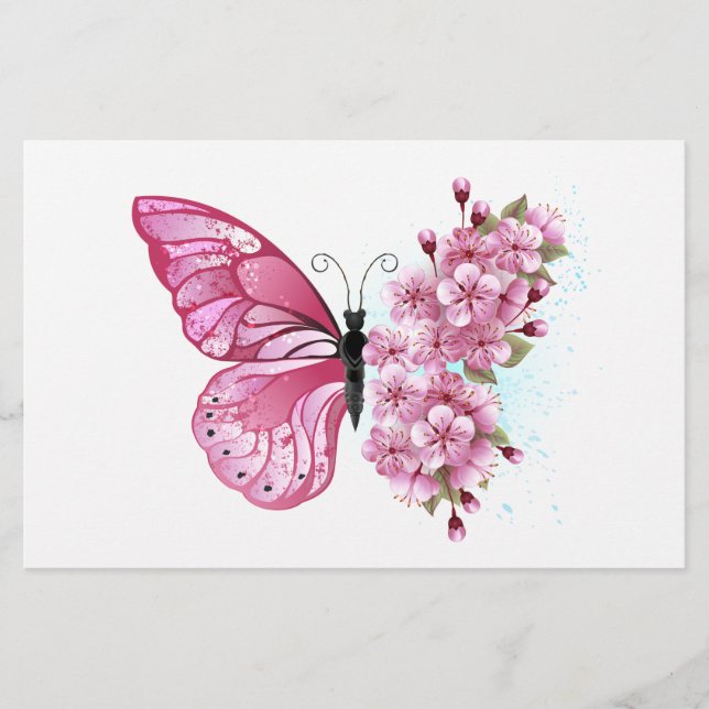 Papelaria Borboleta Flor com Sakura Rosa (Frente)