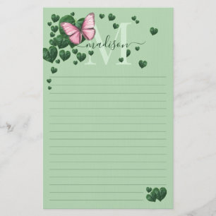 Papelaria Borboleta Rosa Personalizada com Folhas em Coração