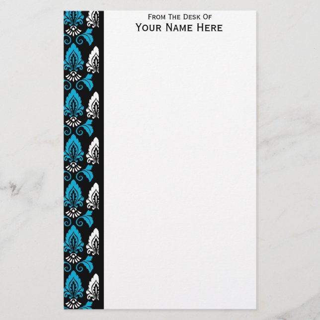 Papelaria Borda Azul Preta para Damasco Branco (Frente)