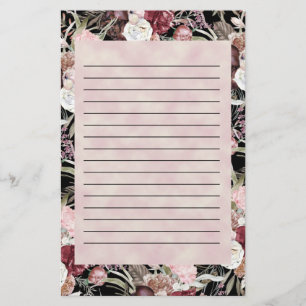 Papelaria Borgonha Cor-de-Água Rosa Floral Preto