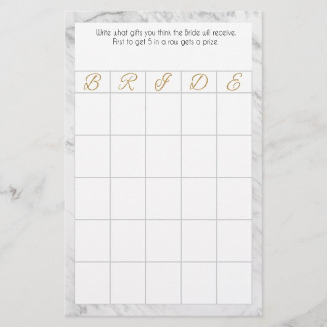 Papelaria Bridal Bingo Marble e Tema Dourado (Frente)