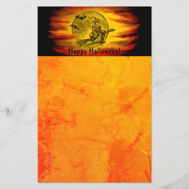 Papelaria bruxa voadora com gato preto, noite de halloween (Frente)