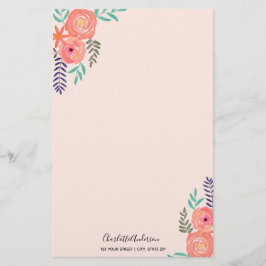 Papelaria Buquê de flor de aquarela cor rosa-coral personali