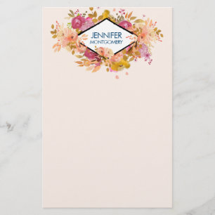 Papelaria Buquê Floral Cor-de-Laranja e Rosa com Quadro Diam