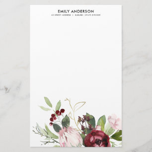 PAPELARIA BURGUNDY DE PINCO BRUTO PROTEA FLORCOLOR DE ÁGUA