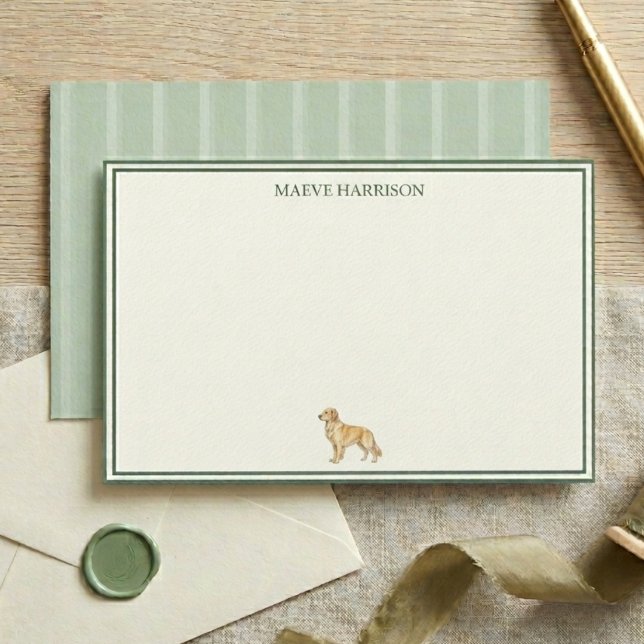 Papelaria Cachorro Golden Retriever com Listras de Verde Oli (Preppy Sage Green Stripe Golden Retriever Stationery)