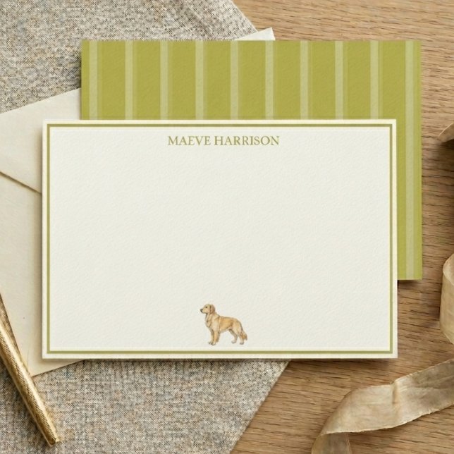Papelaria Cachorro Golden Retriever de Listra Chartreuse Ele (Preppy Chartreuse Stripe Golden Retriever Stationery)