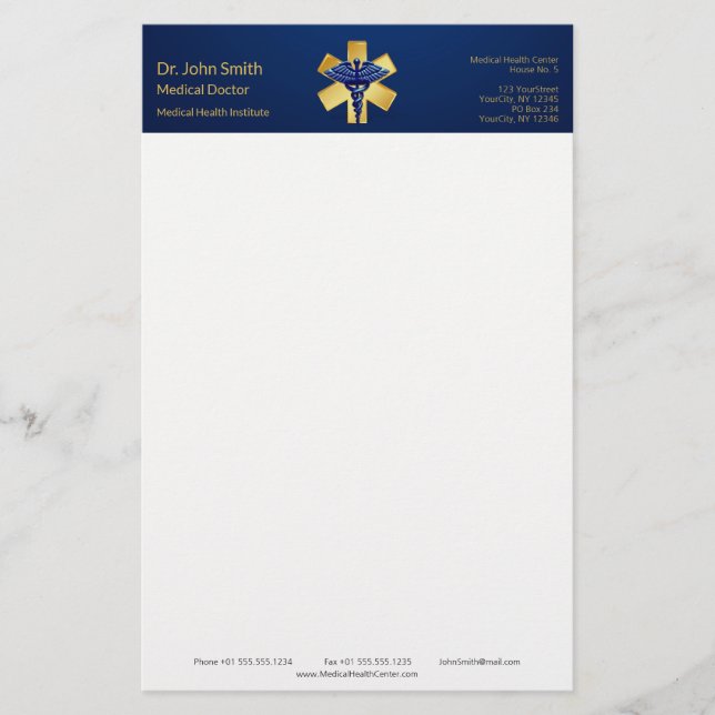 Papelaria Caduceu Azul Médico 3D Cruz Dourada (Frente)