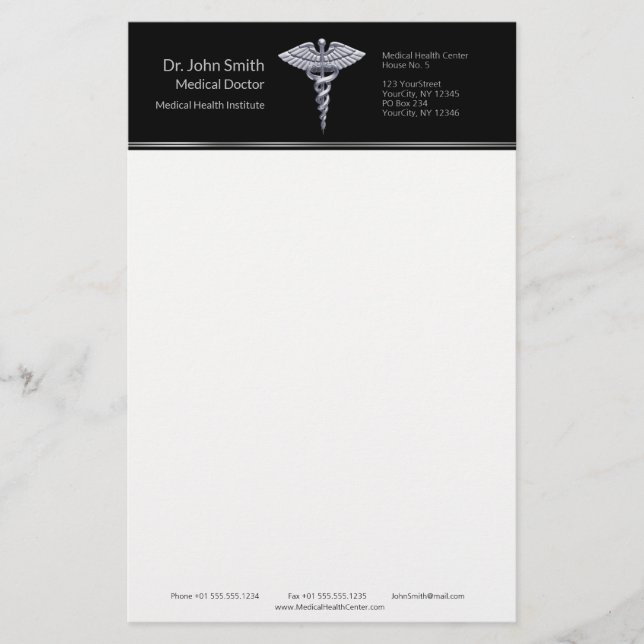Papelaria Caduceu de Prata Clássico em Preto Médico (Frente)