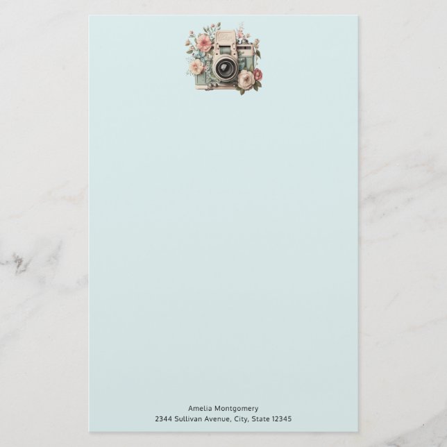 Papelaria Câmera com Imagem Retro Pastel de Flores (Frente)