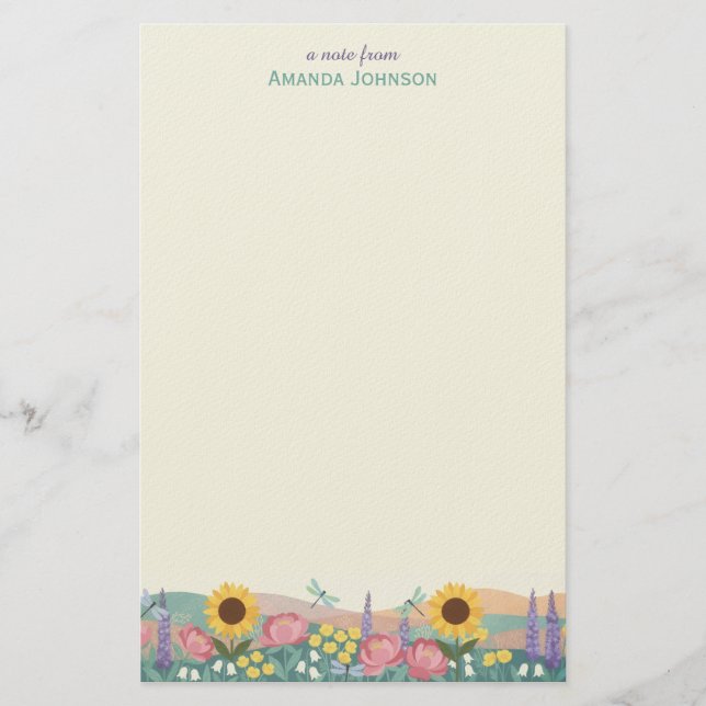 Papelaria Campo de Flores de Libélula Personalizado Nome (Frente)