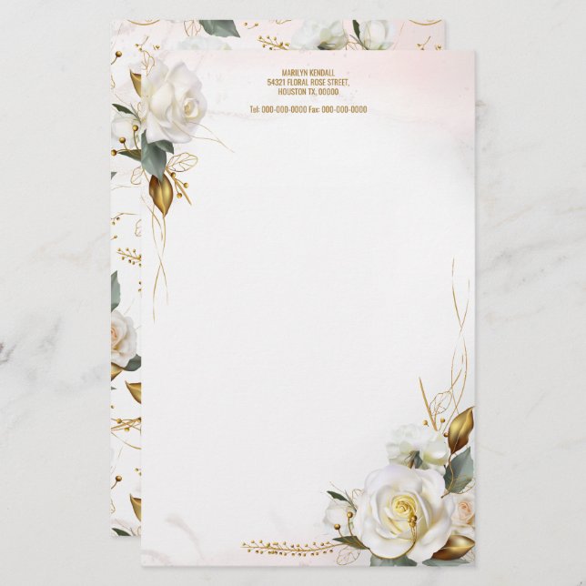Papelaria Carta Floral Romântica Dourada Rosa Branca (Frente/Verso)