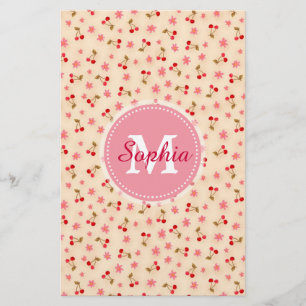 Papelaria Cerejas e flores de monograma, bonitas e adorávei