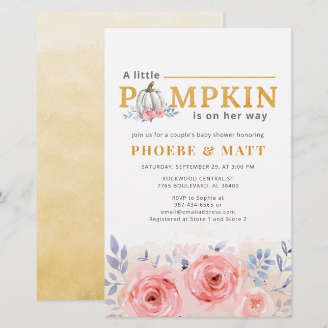 Papelaria Chá de fraldas De Garota De Abóbora Floral (Frente/Verso)