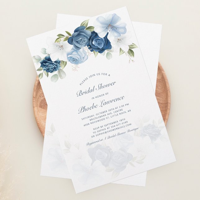 Papelaria Chá de panela Floral Azul Dusty (Dusty Blue Floral Botanical Bridal Shower Invitation Stationery)