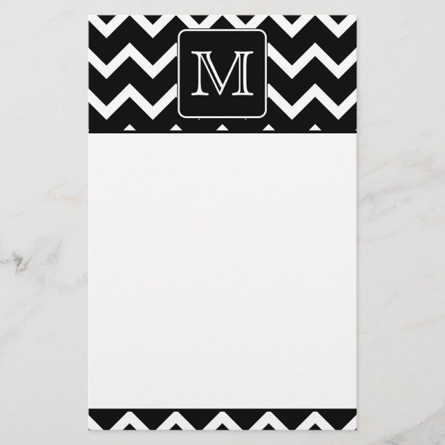 Papelaria Chevron preto e branco com monograma feito sob (Frente)