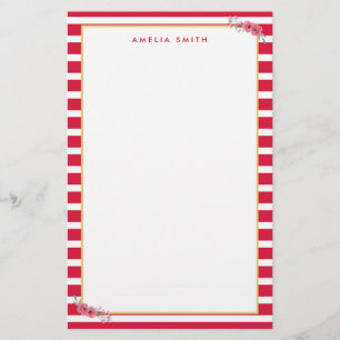 Papelaria Chic Personalizado Nome Rosa Stripes Flores Cor-de