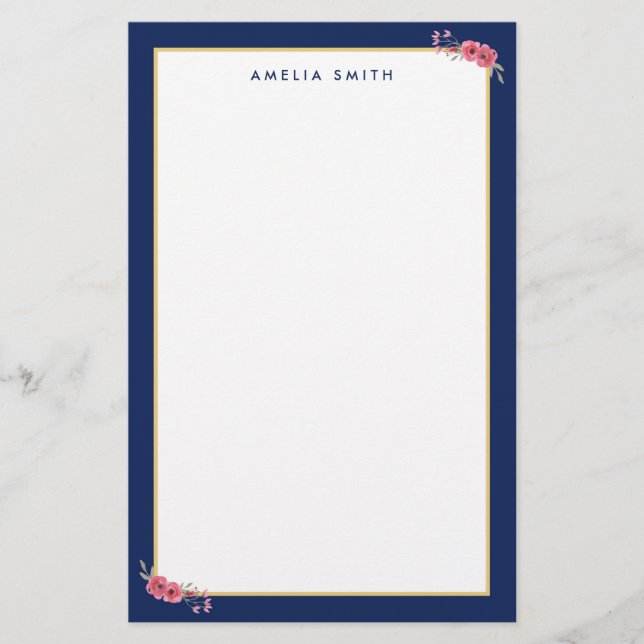 Papelaria Chic Personalized Name Blue Border Pink Flowers (Frente)