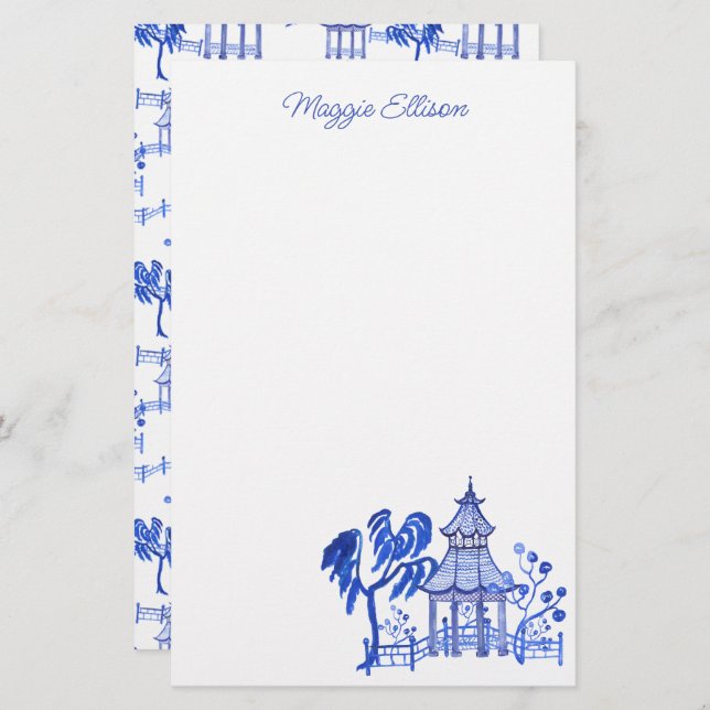 Papelaria Chinoiserie Watercolor Blue Pagoda (Frente/Verso)