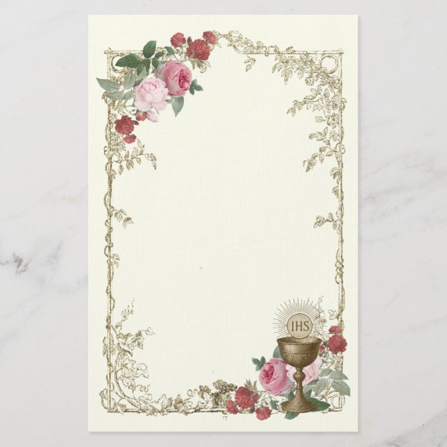 Papelaria Comunhão Católica Eucarística de Rosa e Chalice (Frente)