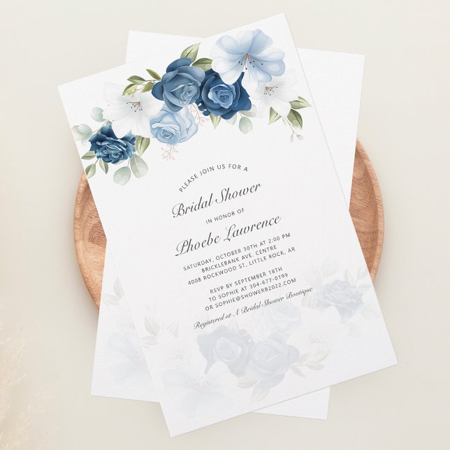 Papelaria Convite Floral Azul chá de panela Dusty (Dusty Blue Floral Elegant Bridal Shower Invitation Stationery)